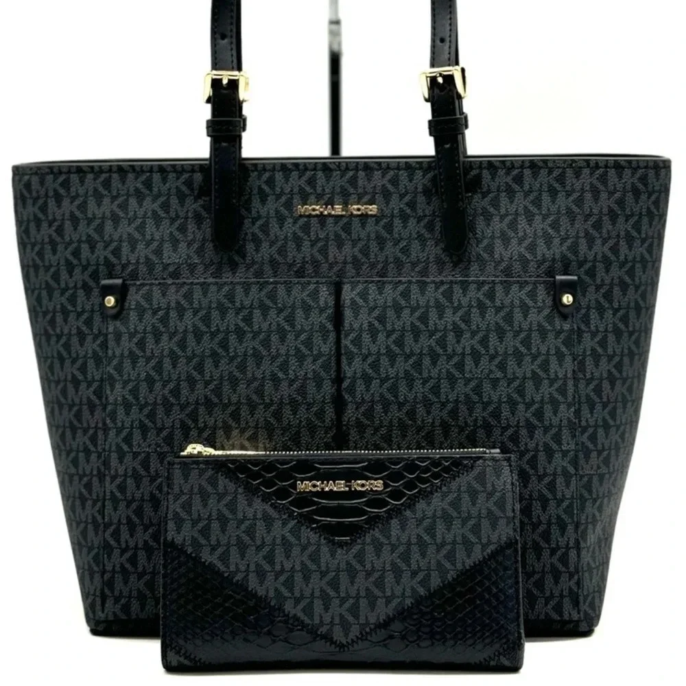 Michael Kors Jet Set Medium Pocket Tote Bag & Double Zip Wallet Black Multi